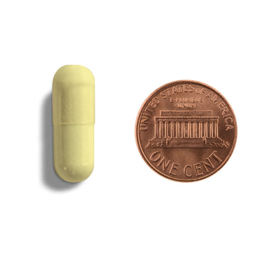 A yellow capsule being compared to the size of a penny